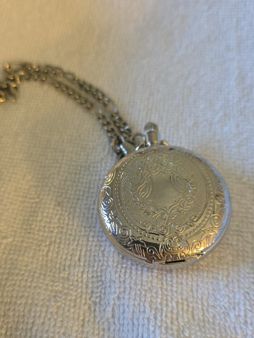 Silver-Tone Engraved Pocket Watch Pendant Necklace - Women Jewelry